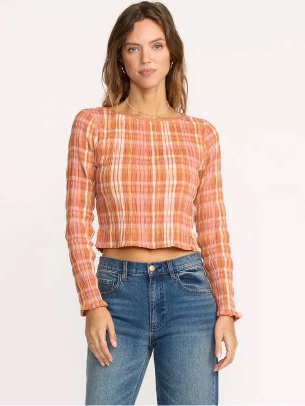 Billabong NWT Check Me Out Long Sleeve Smocked Crop Top Sunburnt Women Size M - Picture 3 of 15